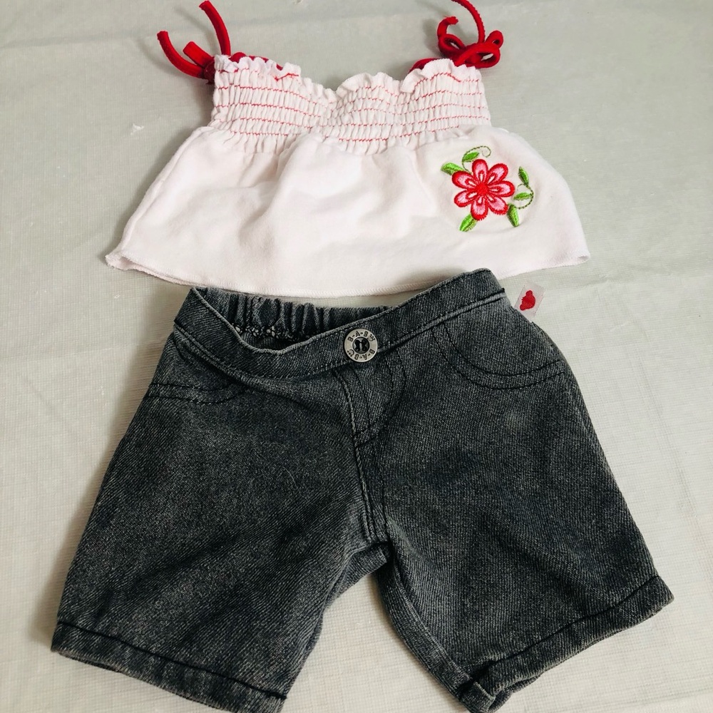 Build-A-Bear BABW White Red Top Embroidered Flower & Dark Denim Jean Pants Set
